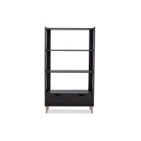 Baxton Studio BC-002-Espresso Kalien Dark Brown Wood Leaning Bookcase with Display Shelves and Two Drawers